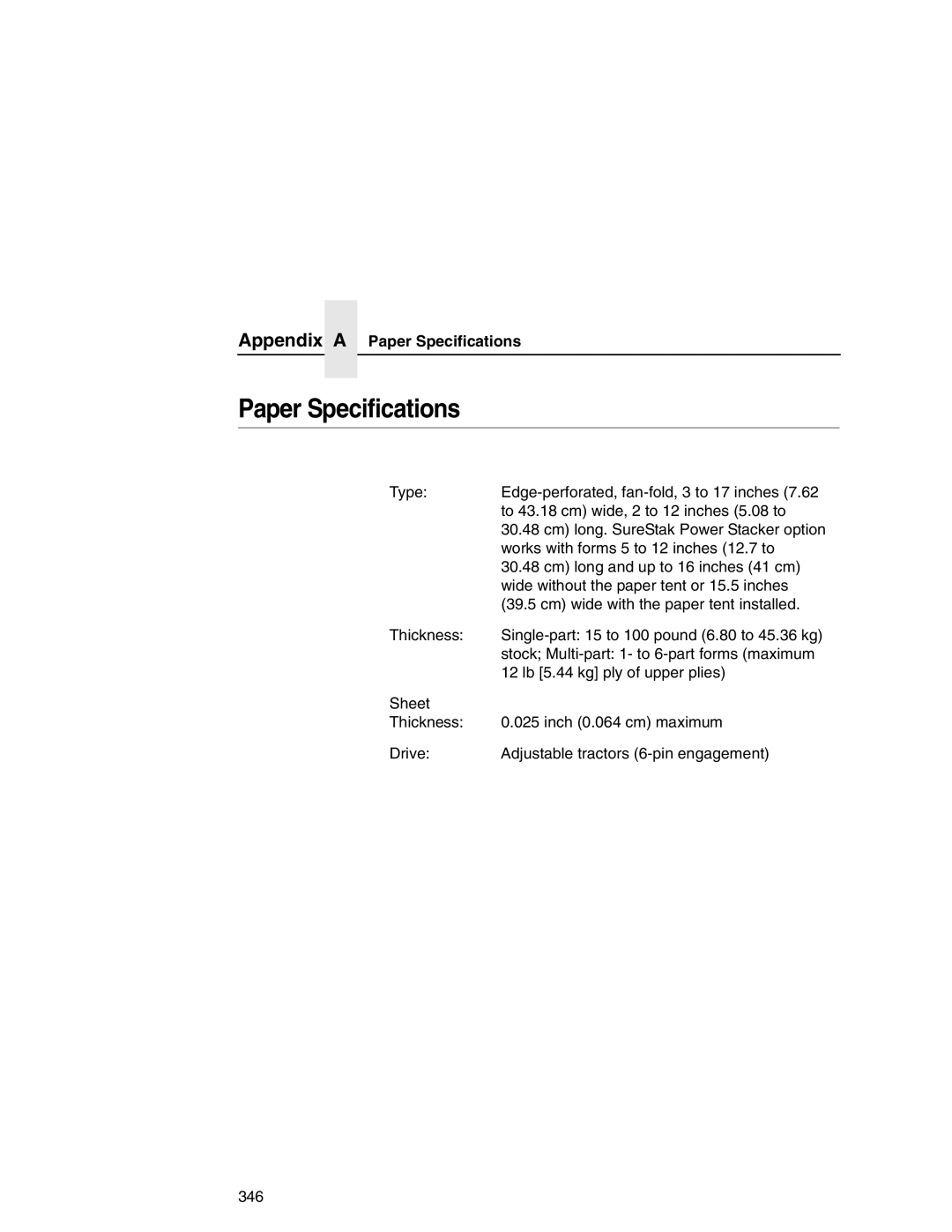 Printronix P7000 user manual Appendix a Paper Specifications 