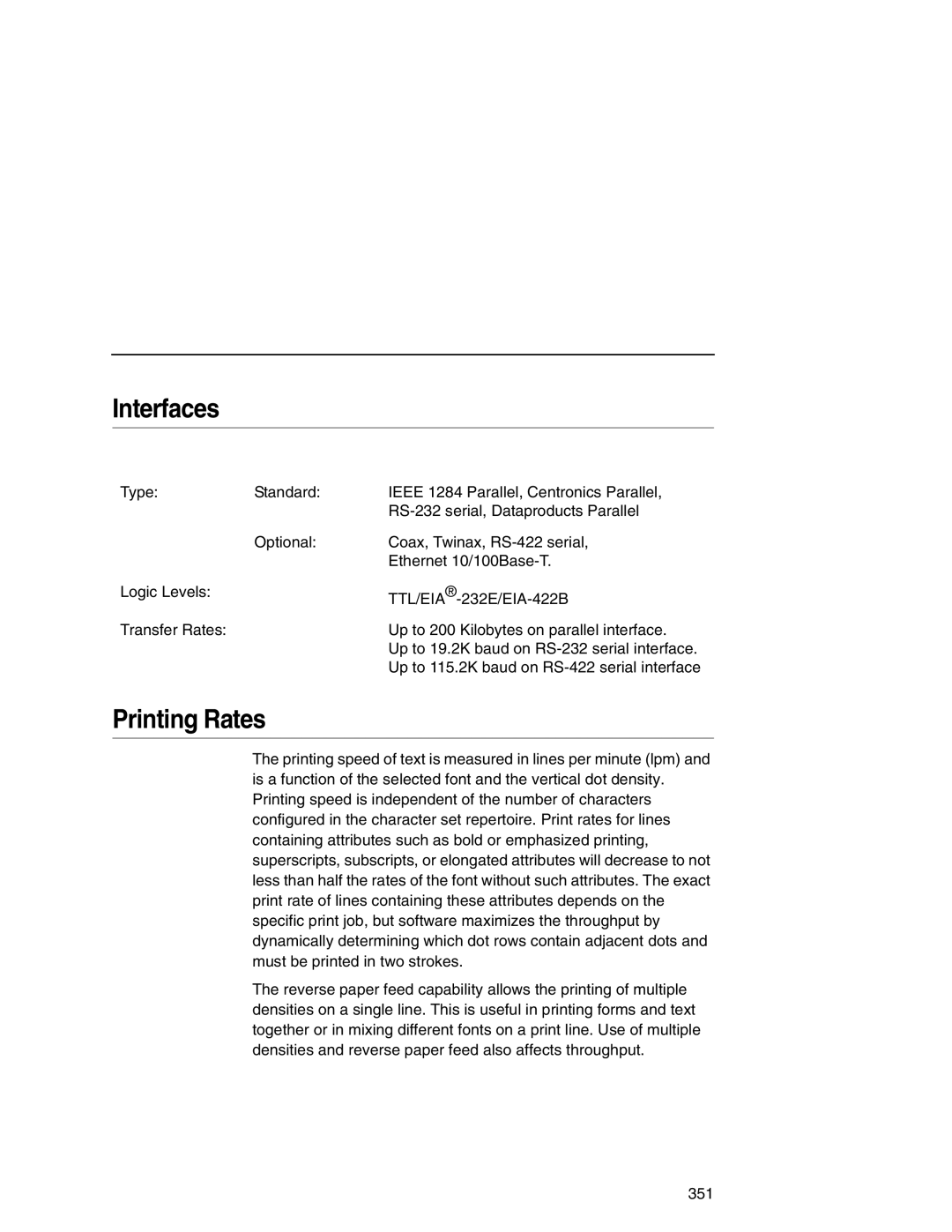 Printronix P7000 user manual Interfaces, Printing Rates 