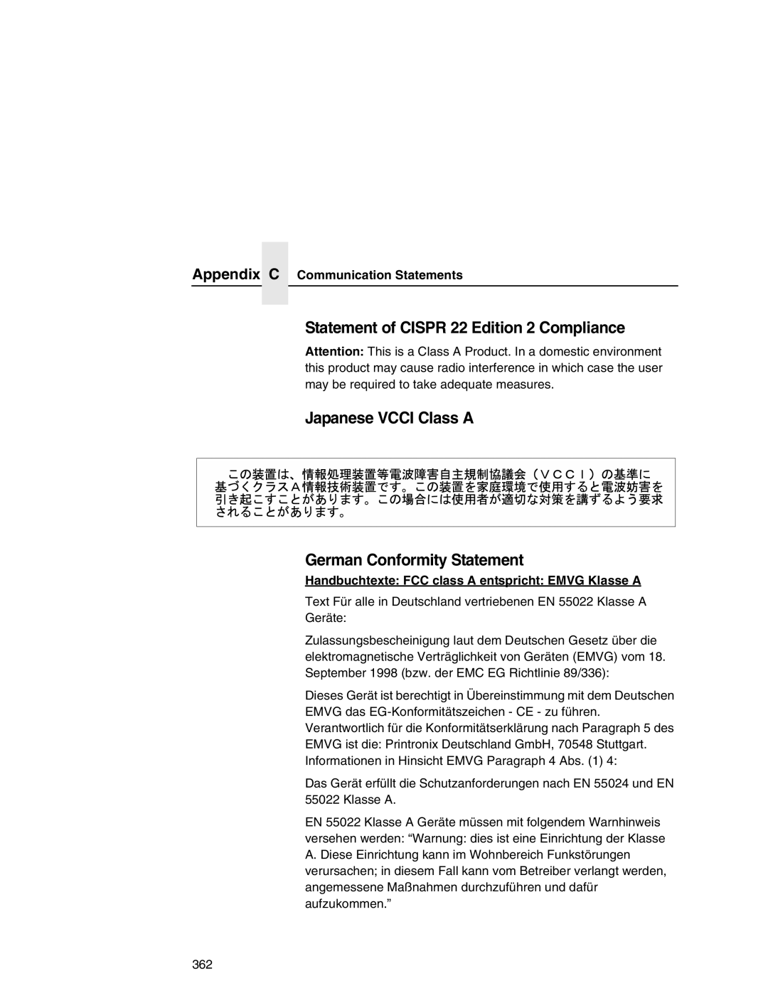 Printronix P7000 user manual Handbuchtexte FCC class a entspricht Emvg Klasse a 