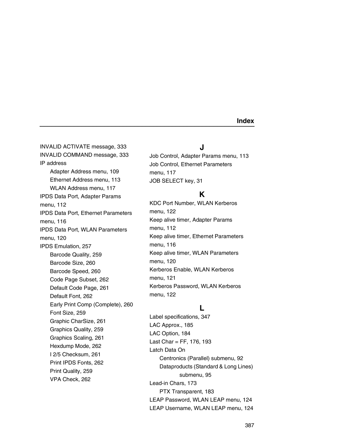 Printronix P7000 user manual Index 