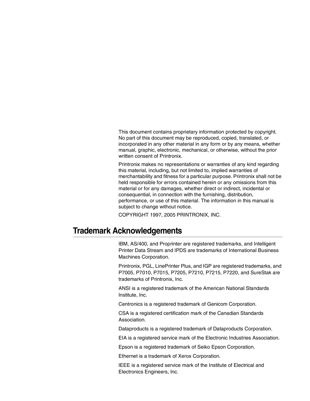 Printronix P7000 user manual Trademark Acknowledgements, Copyright 1997, 2005 PRINTRONIX, INC 