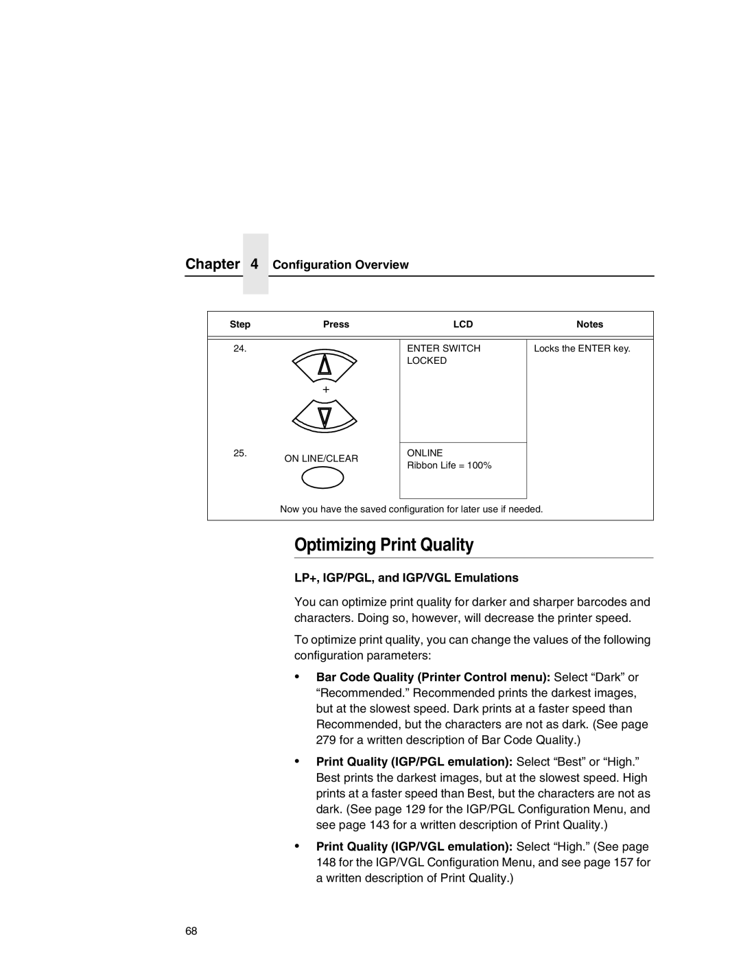 Printronix P7000 user manual Optimizing Print Quality, LP+, IGP/PGL, and IGP/VGL Emulations 