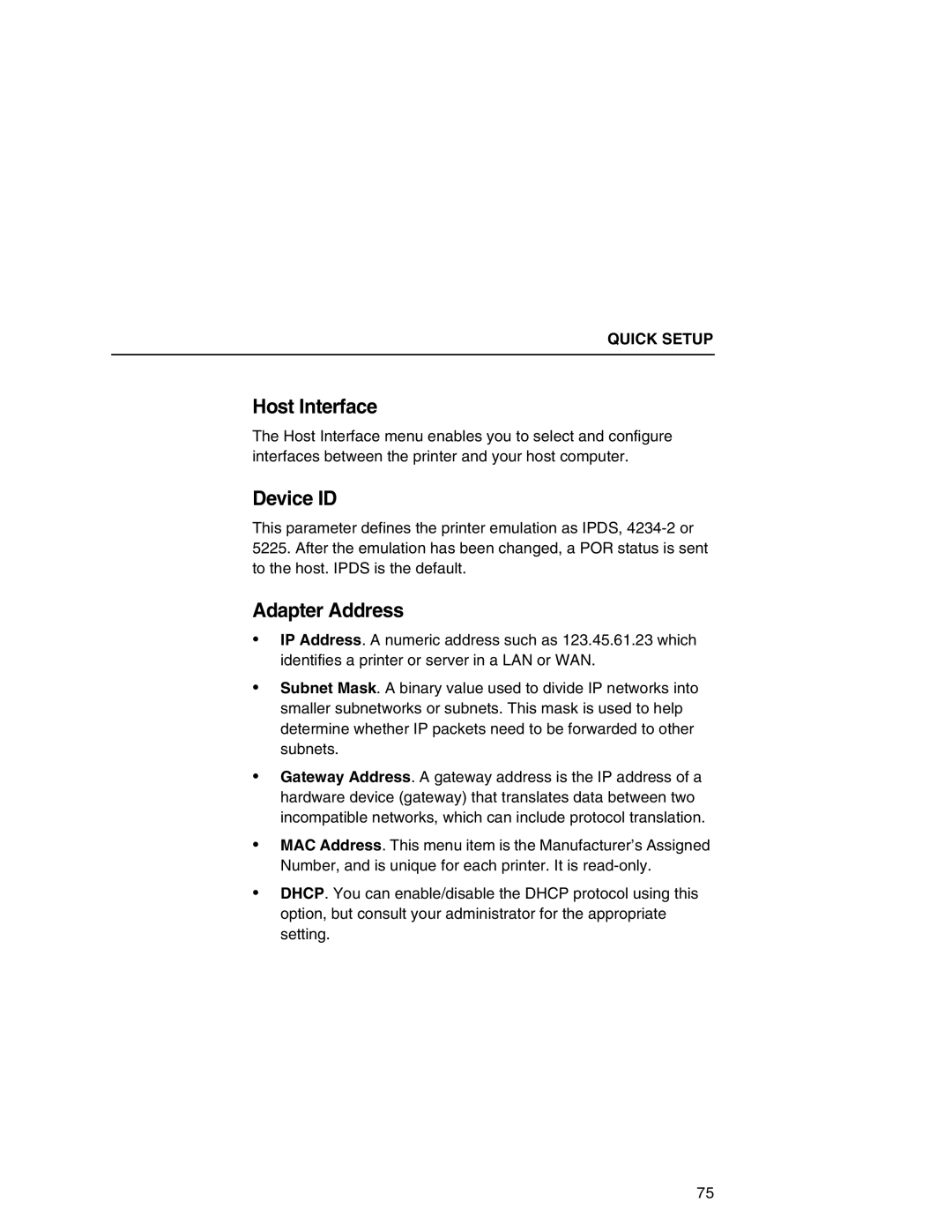 Printronix P7000 user manual Host Interface, Device ID, Adapter Address 