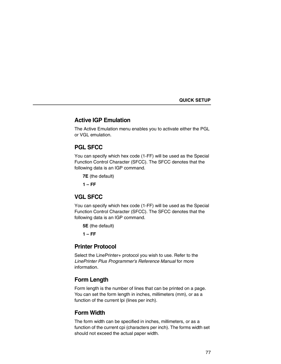 Printronix P7000 user manual Active IGP Emulation, Printer Protocol, Form Length, Form Width 