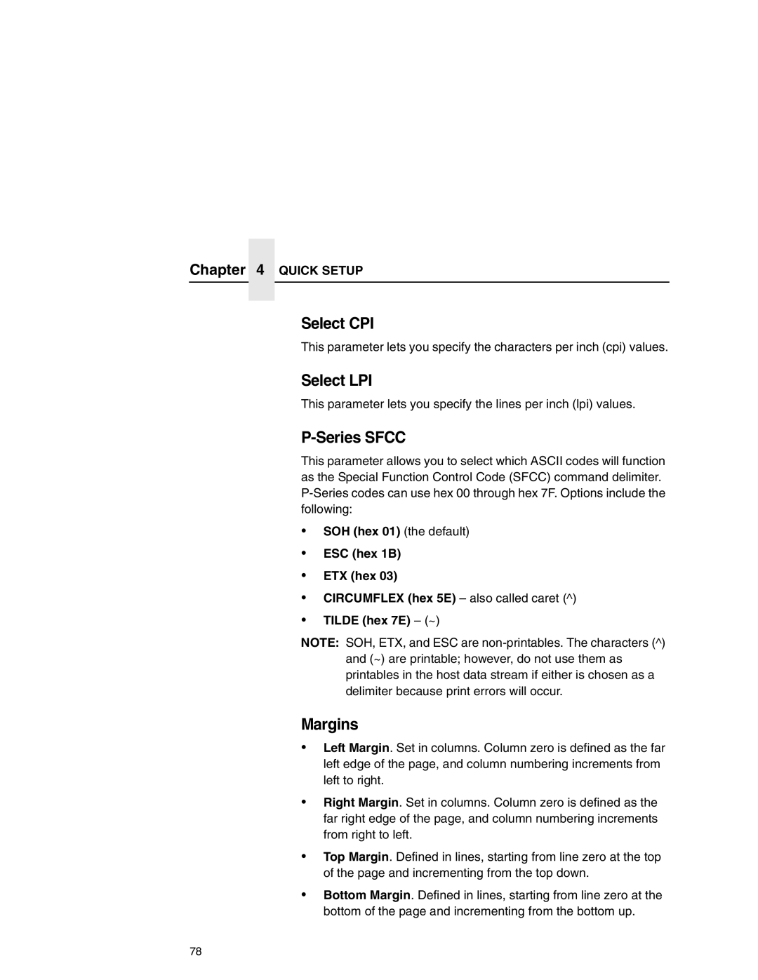 Printronix P7000 user manual Select CPI, Select LPI, Series Sfcc, Margins 