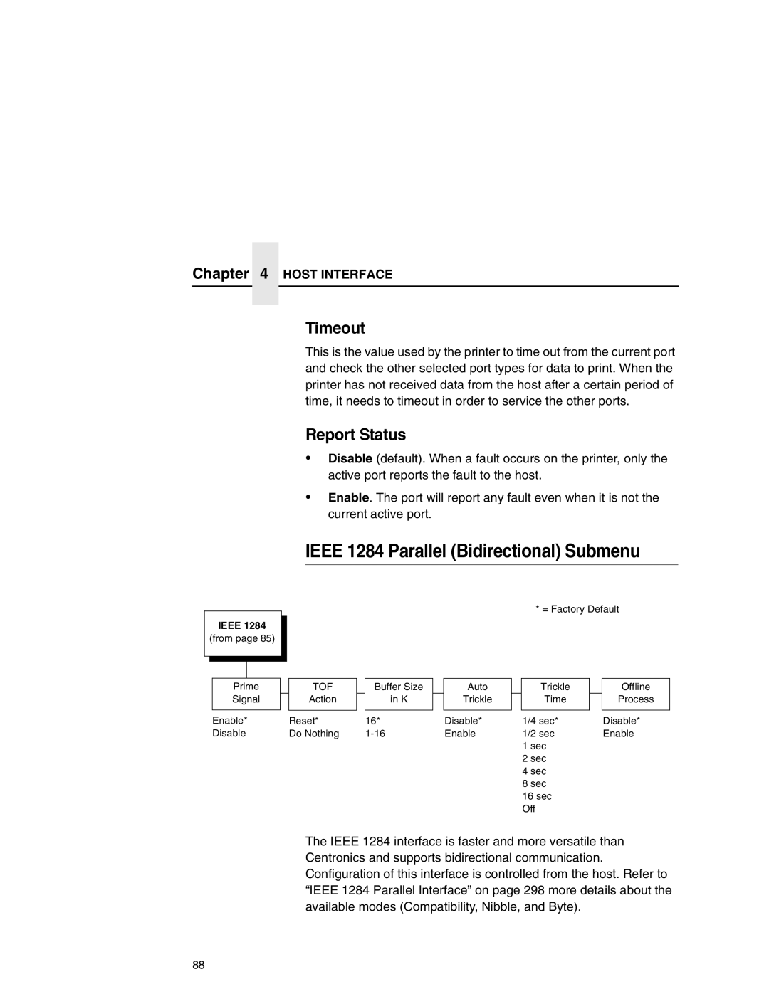 Printronix P7000 user manual Ieee 1284 Parallel Bidirectional Submenu, Timeout, Report Status, Tof 