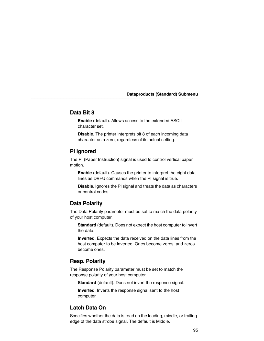 Printronix P7000 user manual Data Bit, Dataproducts Standard Submenu 