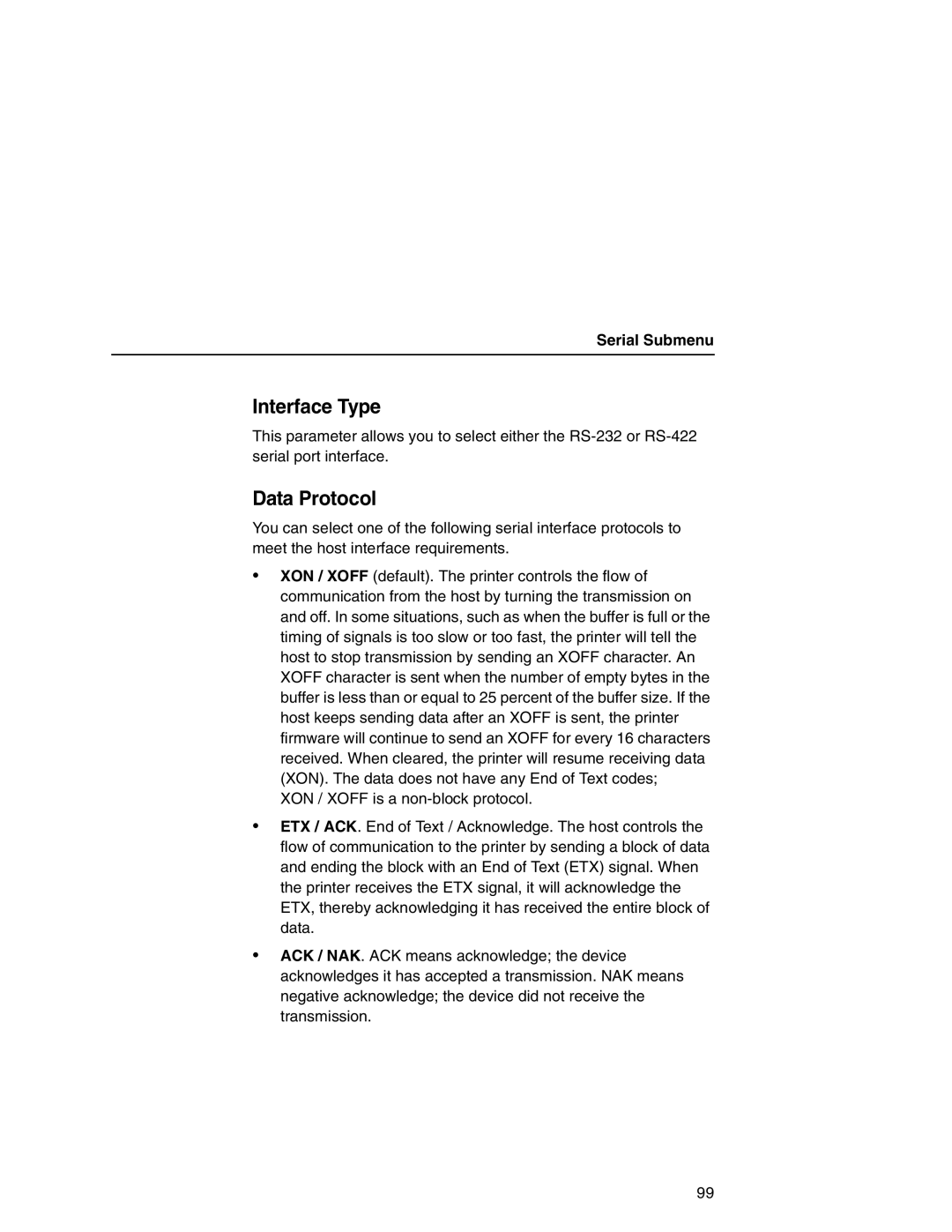 Printronix P7000 user manual Interface Type, Data Protocol, Serial Submenu 