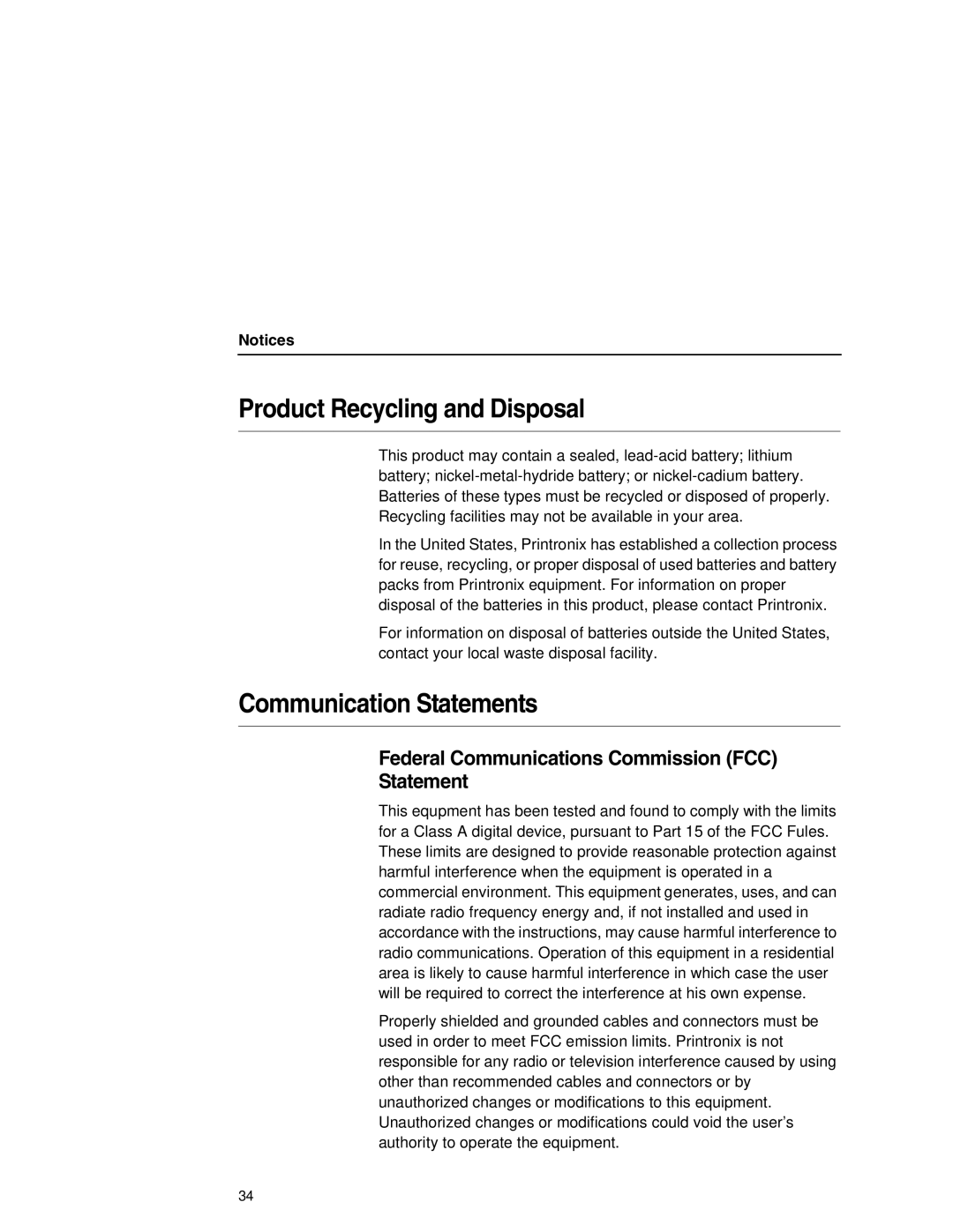 Printronix P7000HD, P7000 H manual Product Recycling and Disposal, Communication Statements 