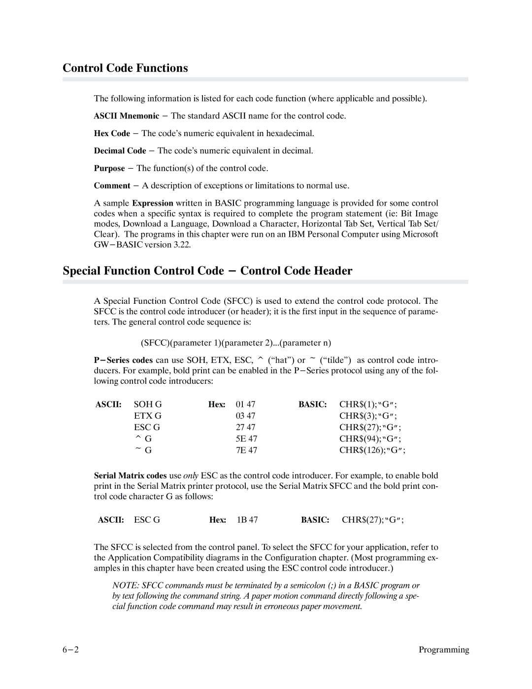 Printronix P9000 Series manual Control Code Functions, Special Function Control Code Control Code Header 