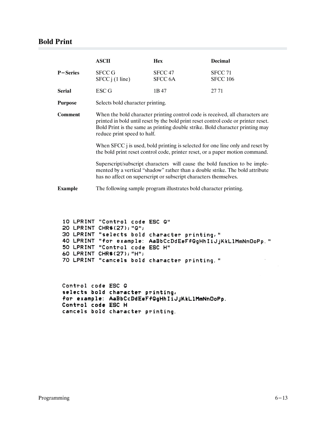 Printronix P9000 Series manual Bold Print, Sfcc G, Sfcc 6A 