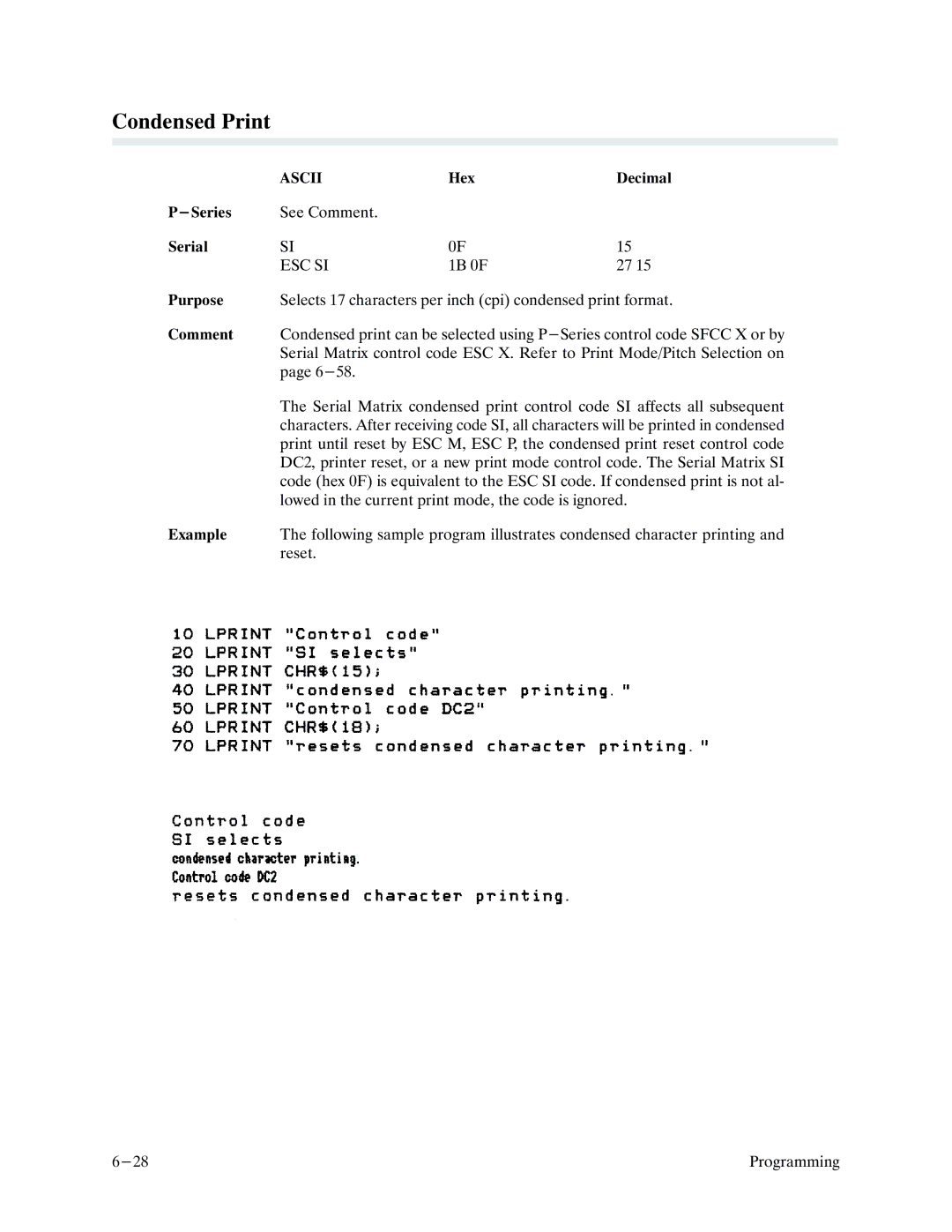 Printronix P9000 Series manual Condensed Print, Esc Si 