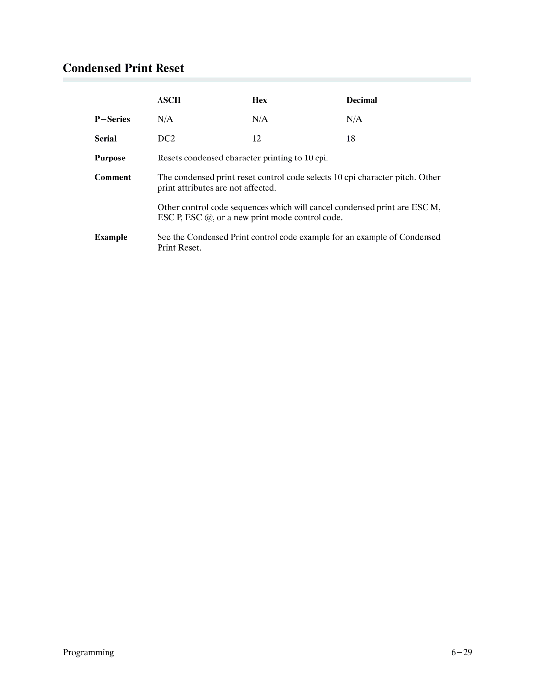 Printronix P9000 Series manual Condensed Print Reset, Print attributes are not affected 