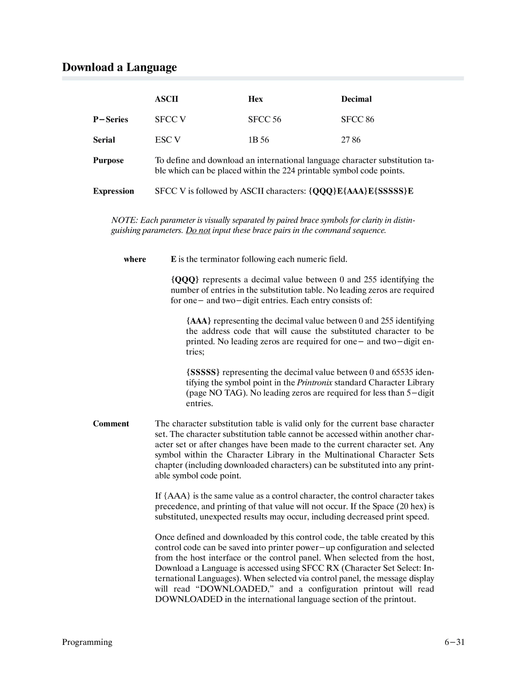 Printronix P9000 Series manual Download a Language, Able symbol code point 