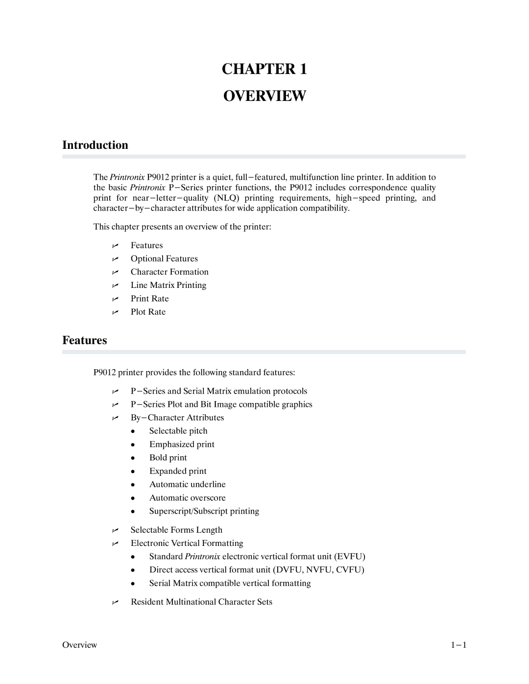 Printronix P9000 Series manual Chapter Overview, Introduction, Features 