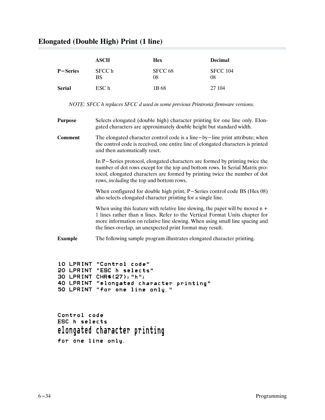 Printronix P9000 Series manual Elongated Double High Print 1 line 