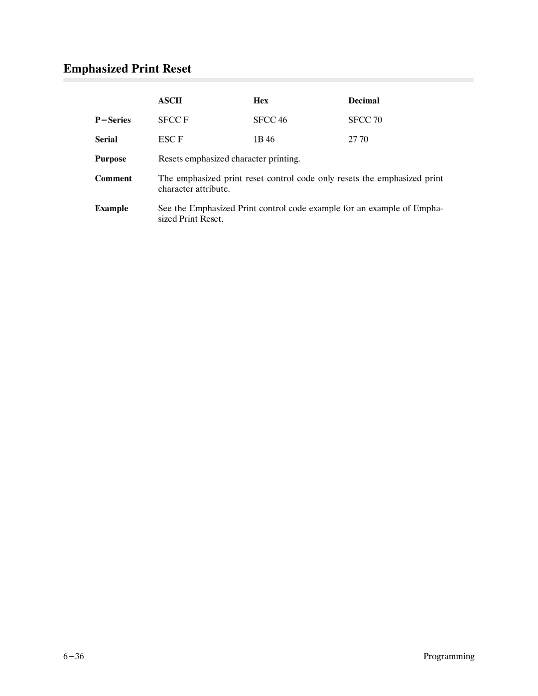 Printronix P9000 Series manual Emphasized Print Reset, Sfcc F 