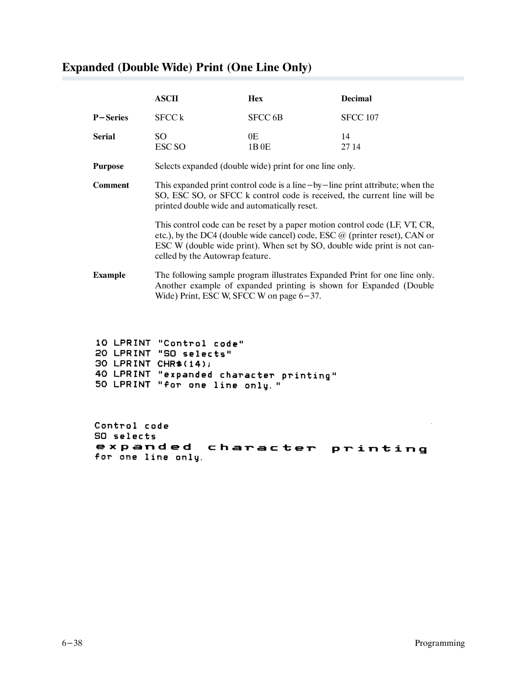 Printronix P9000 Series manual Expanded Double Wide Print One Line Only, Sfcc 6B 