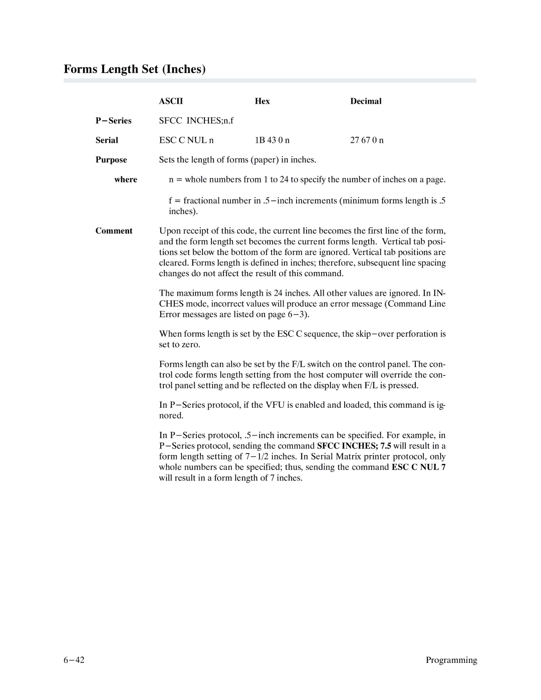 Printronix P9000 Series manual Forms Length Set Inches 