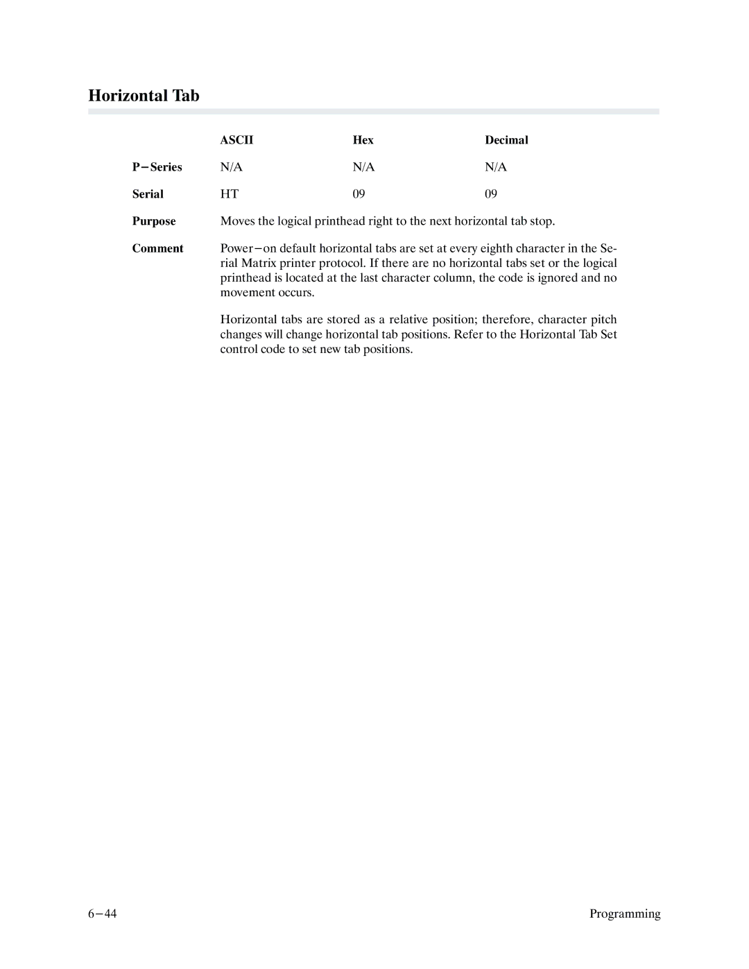 Printronix P9000 Series manual Horizontal Tab 