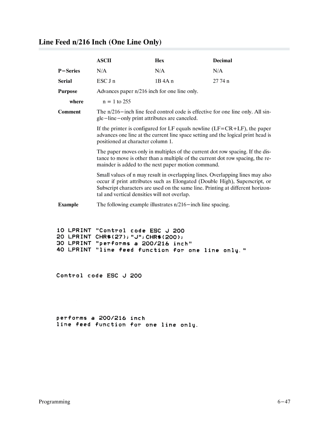 Printronix P9000 Series manual Line Feed n/216 Inch One Line Only, Positioned at character column 