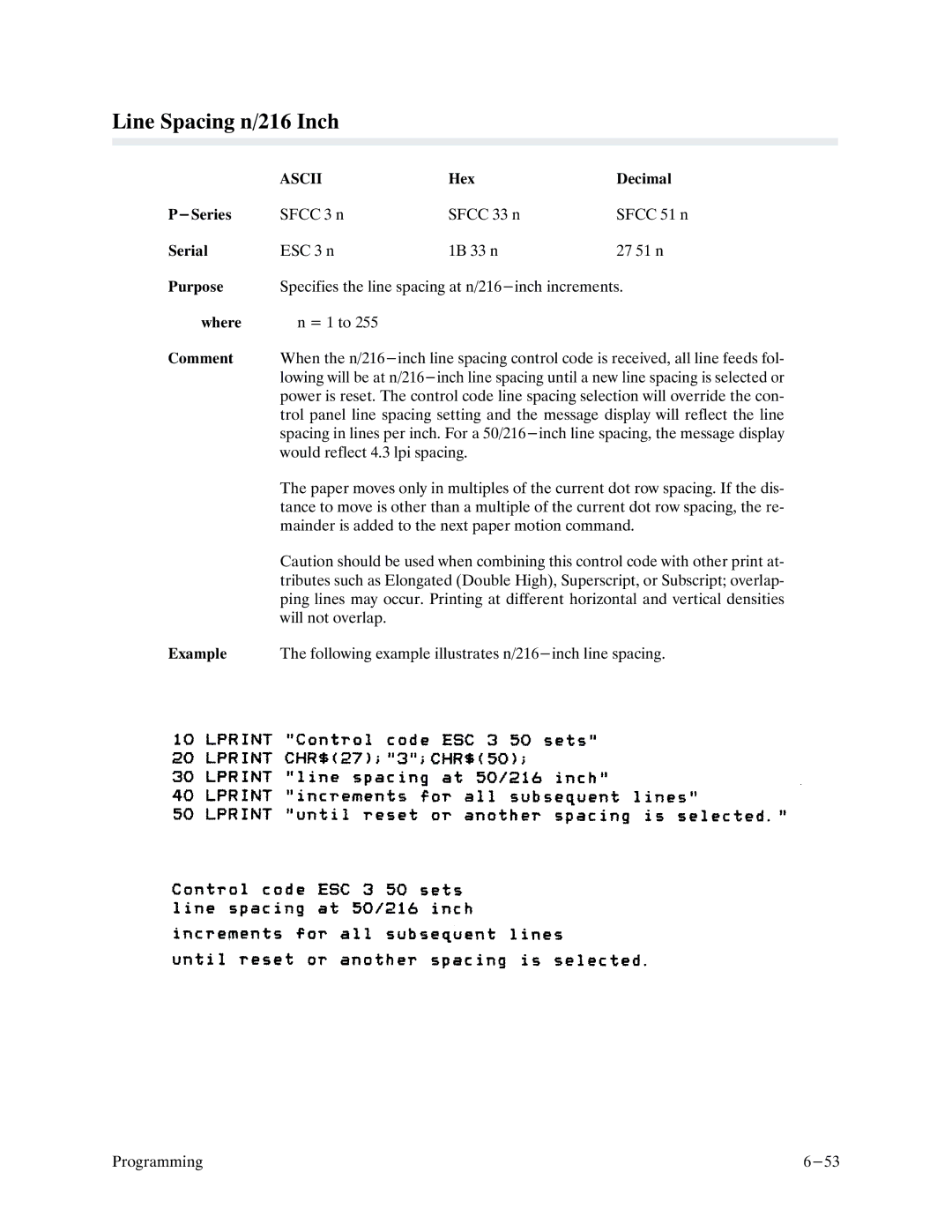 Printronix P9000 Series manual Line Spacing n/216 Inch, Would reflect 4.3 lpi spacing 