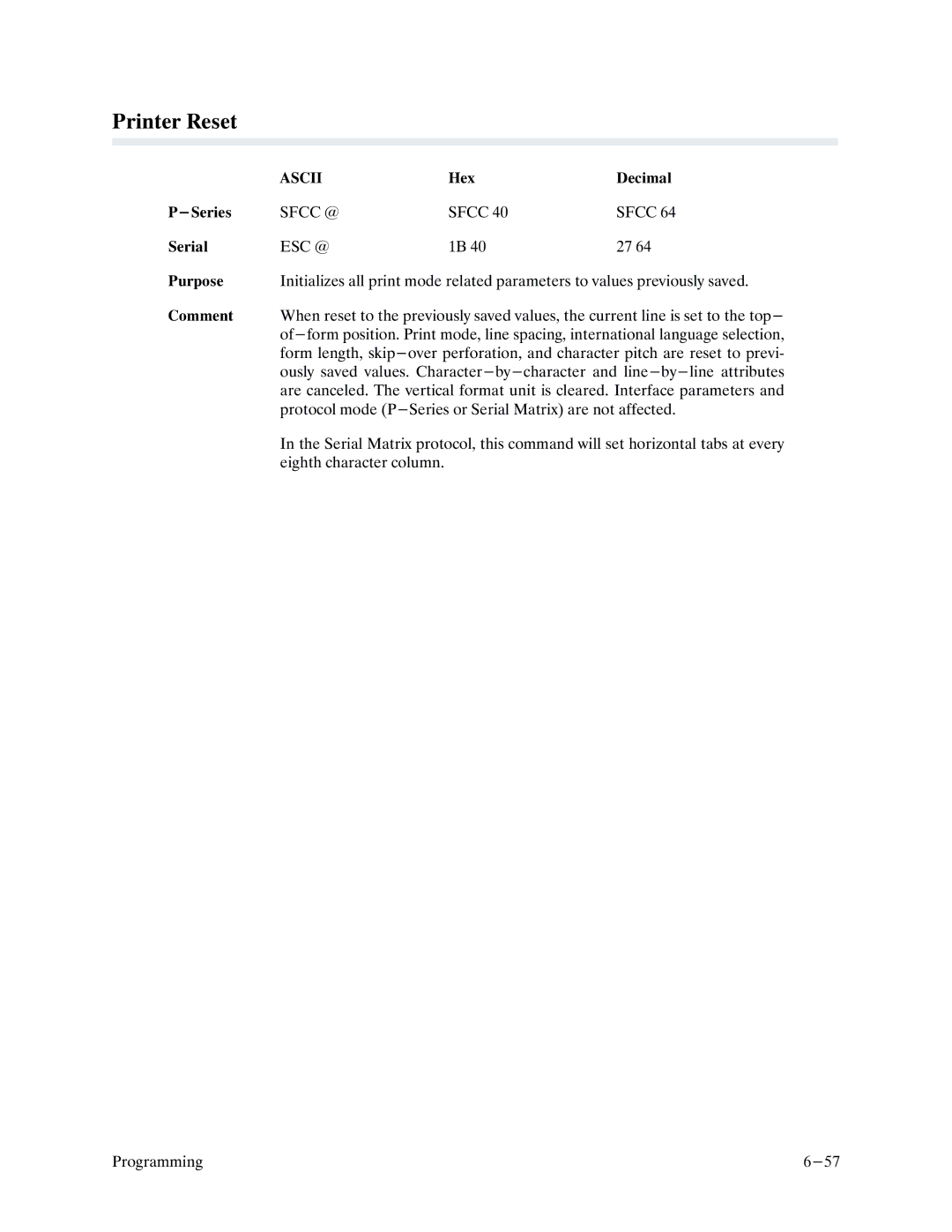 Printronix P9000 Series manual Printer Reset, Sfcc @ 