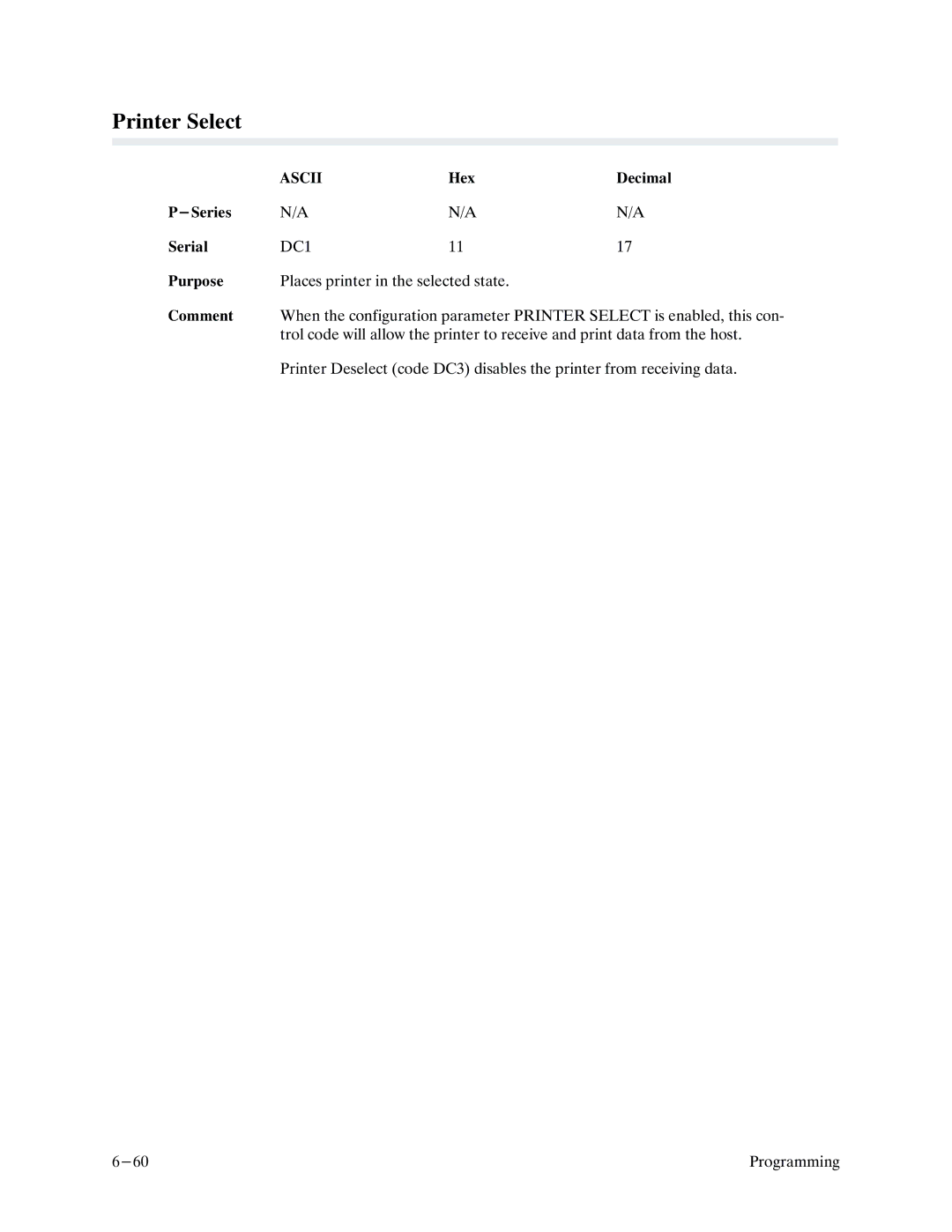 Printronix P9000 Series manual Printer Select, DC1 