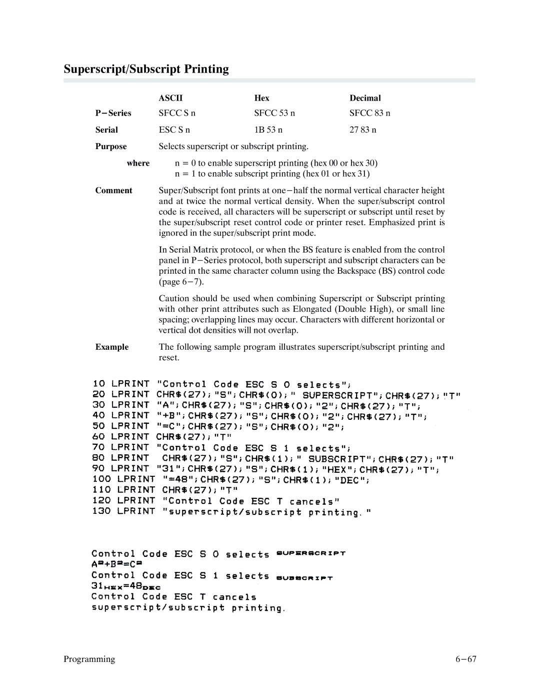 Printronix P9000 Series manual Superscript/Subscript Printing 