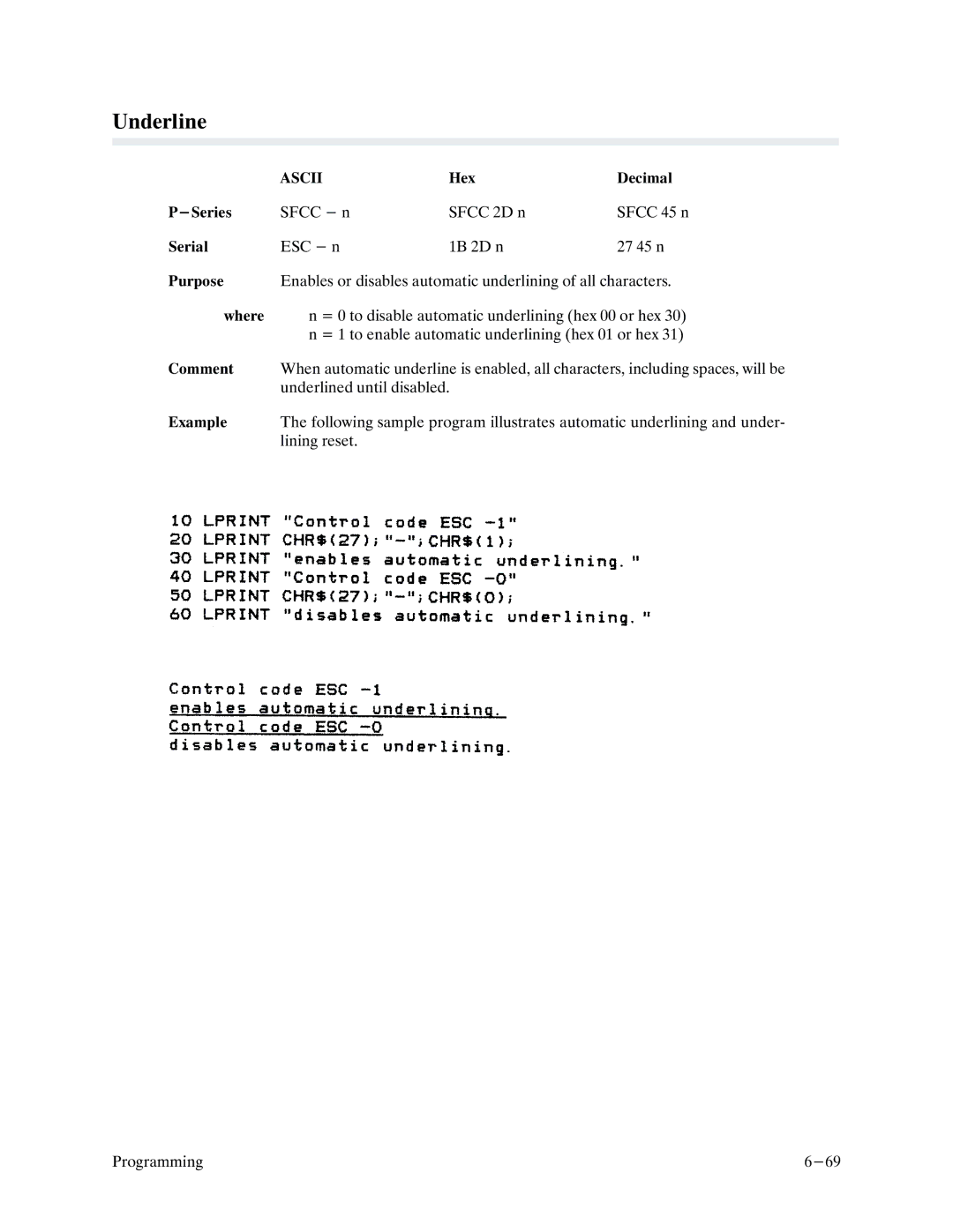 Printronix P9000 Series manual Underline 