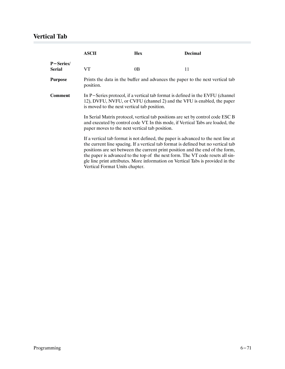 Printronix P9000 Series manual Vertical Tab 