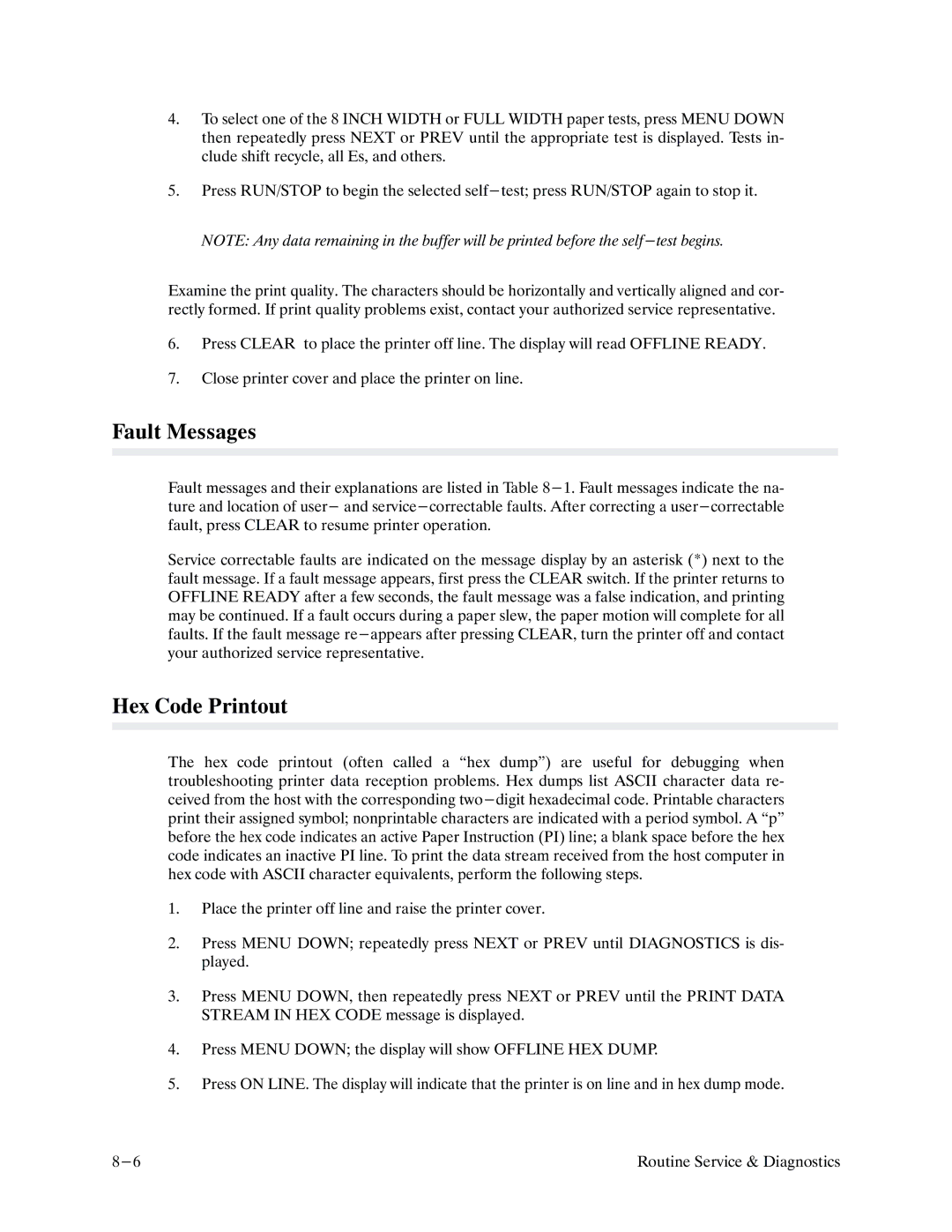 Printronix P9000 Series manual Fault Messages, Hex Code Printout 