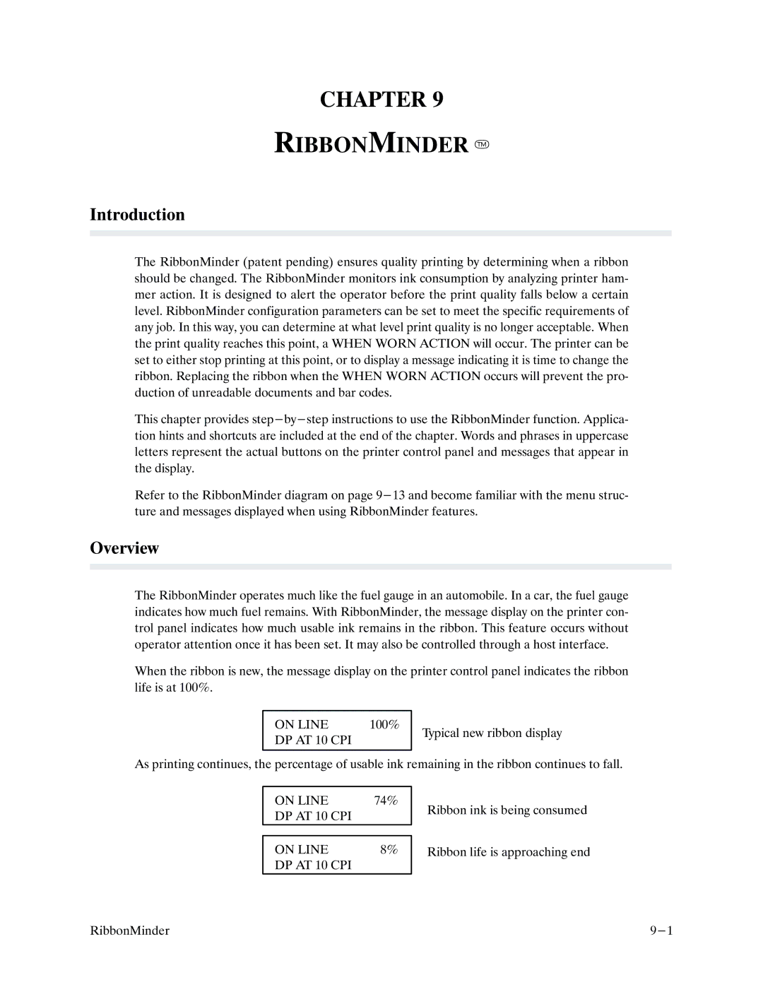 Printronix P9000 Series manual Chapter Ribbonminder T, Overview, DP AT 10 CPI On Line 