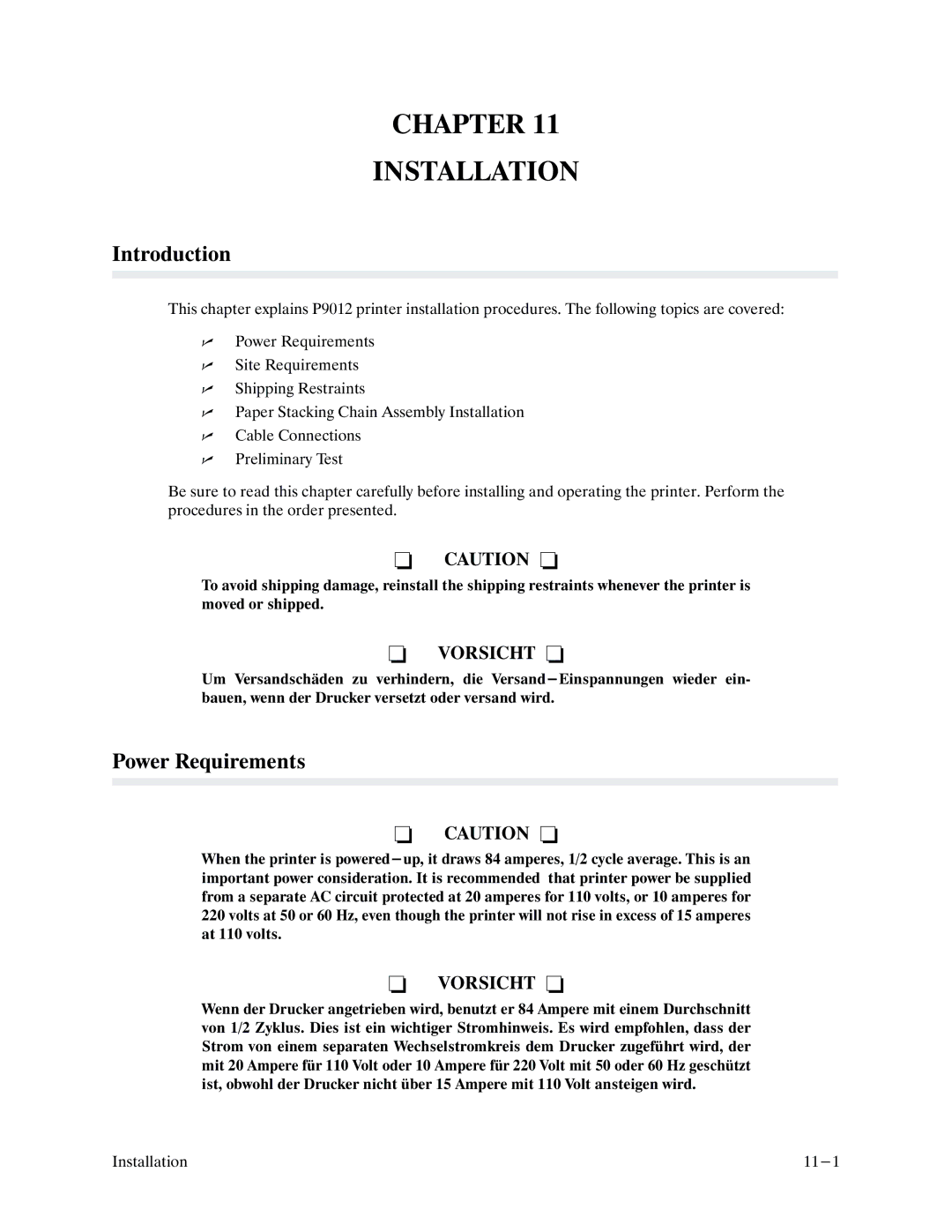 Printronix P9000 Series manual Chapter Installation, Power Requirements 