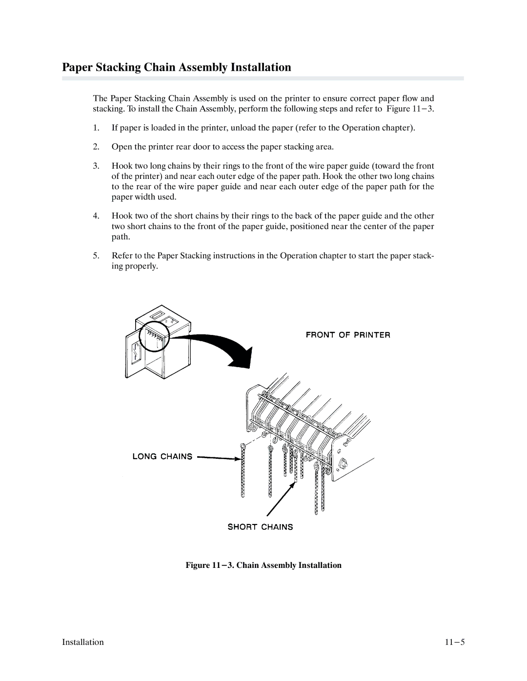 Printronix P9000 Series manual Paper Stacking Chain Assembly Installation, Chain Assembly Installation 11-5 