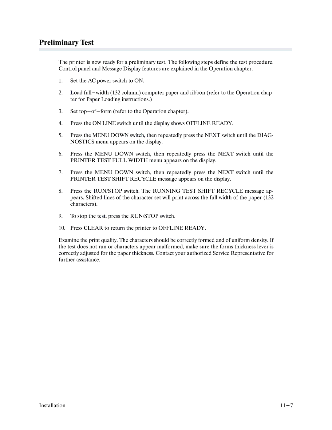 Printronix P9000 Series manual Preliminary Test 