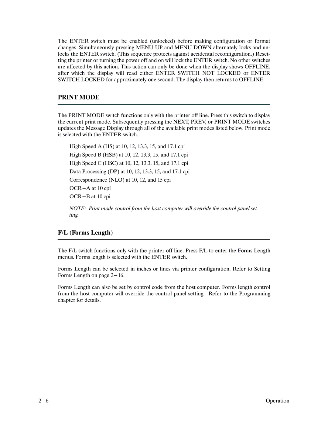 Printronix P9000 Series manual Print Mode, Forms Length 