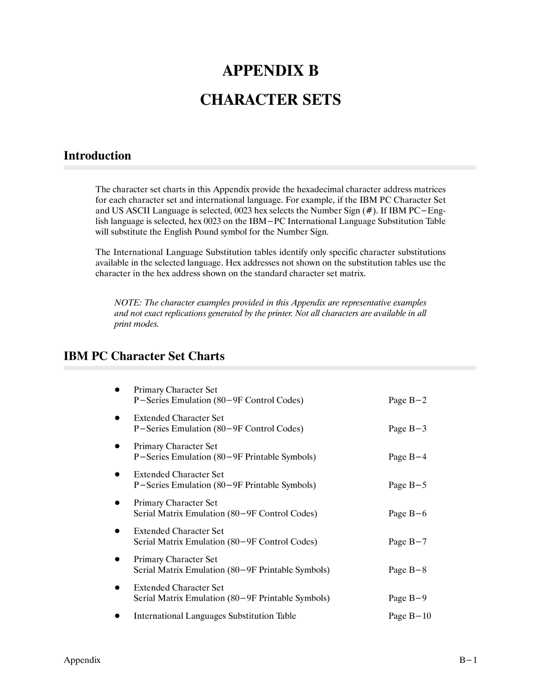 Printronix P9000 Series manual Appendix B Character Sets, IBM PC Character Set Charts 