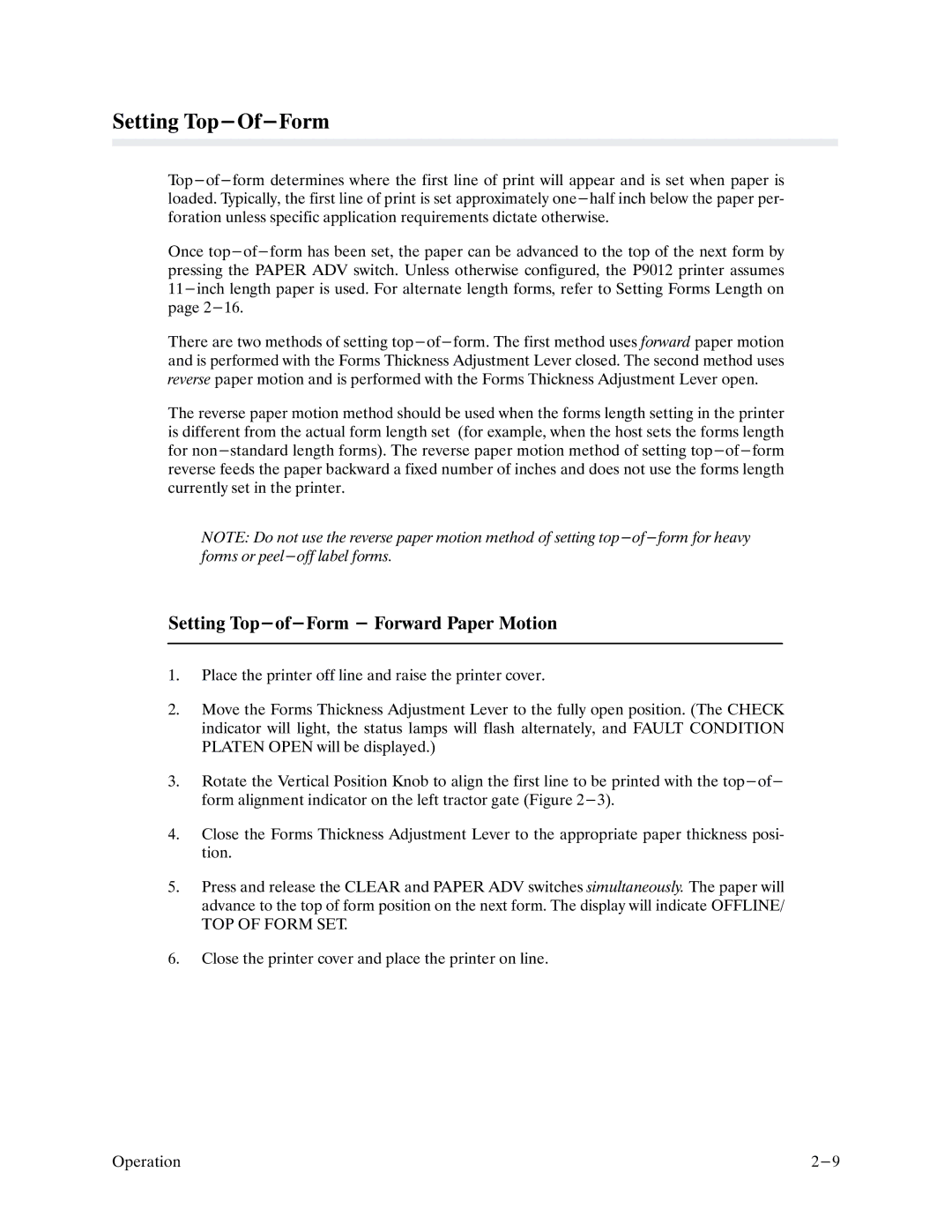 Printronix P9000 Series manual Setting Top-Of-Form, Setting Top-of-Form Forward Paper Motion 