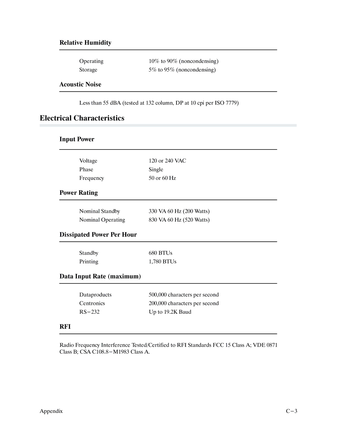 Printronix P9000 Series manual Electrical Characteristics 