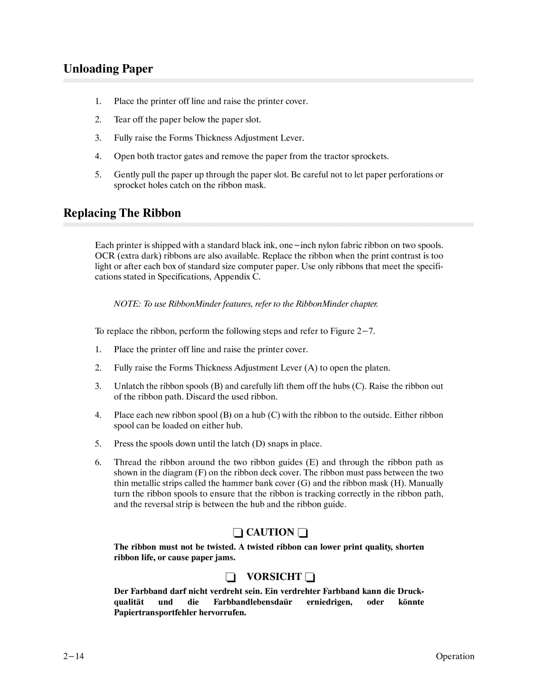 Printronix P9000 Series manual Unloading Paper, Replacing The Ribbon 