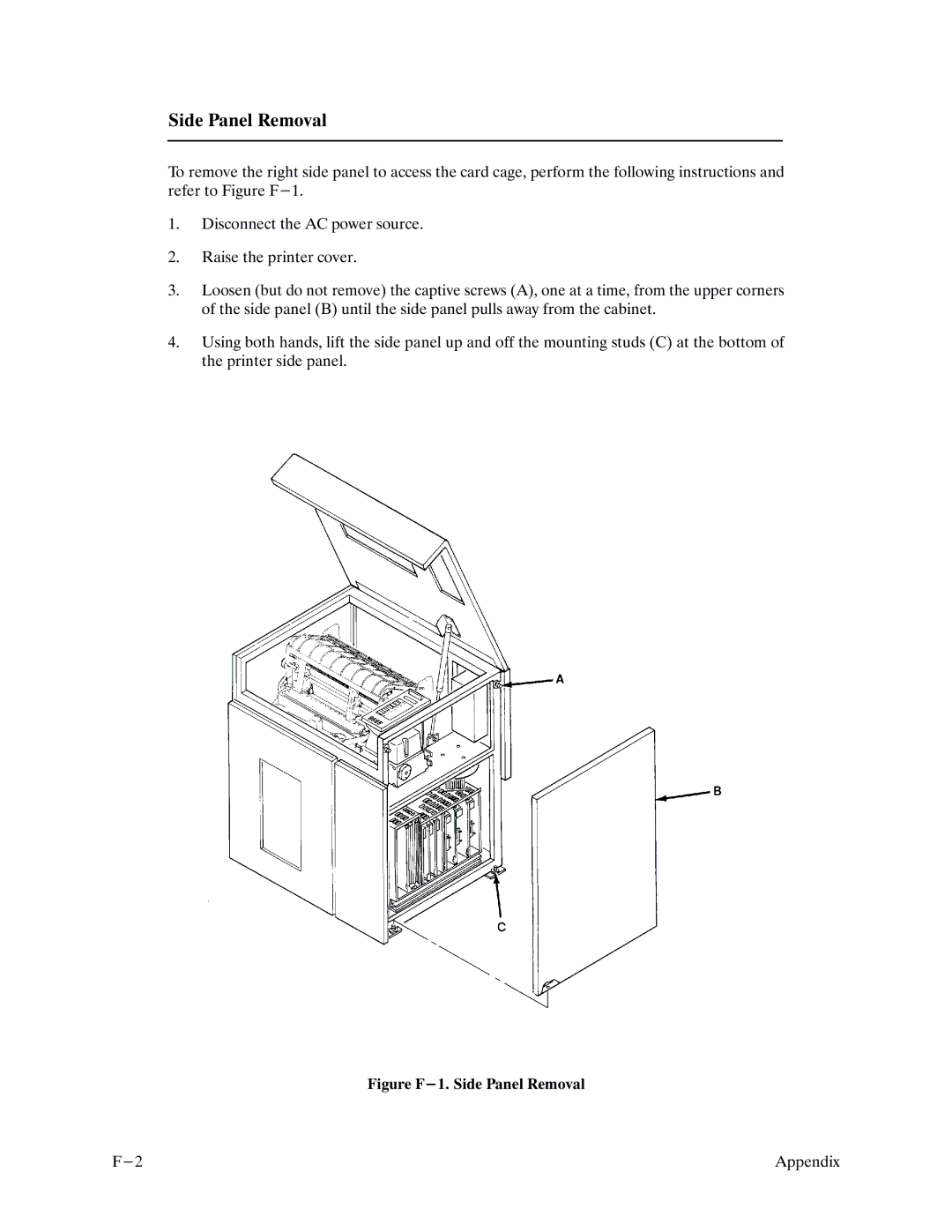 Printronix P9000 Series manual Figure F-1. Side Panel Removal Appendix 