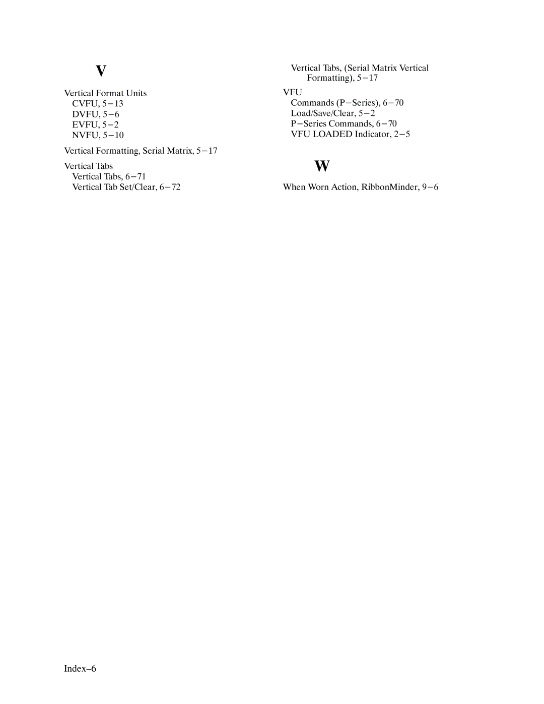 Printronix P9000 Series manual Index-6, Vfu 