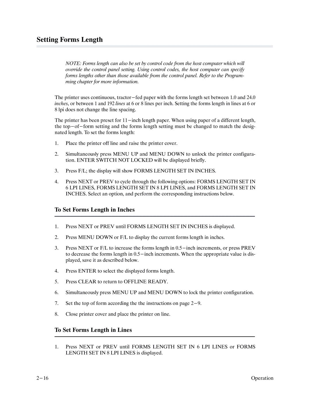 Printronix P9000 Series manual Setting Forms Length, To Set Forms Length in Inches, To Set Forms Length in Lines 