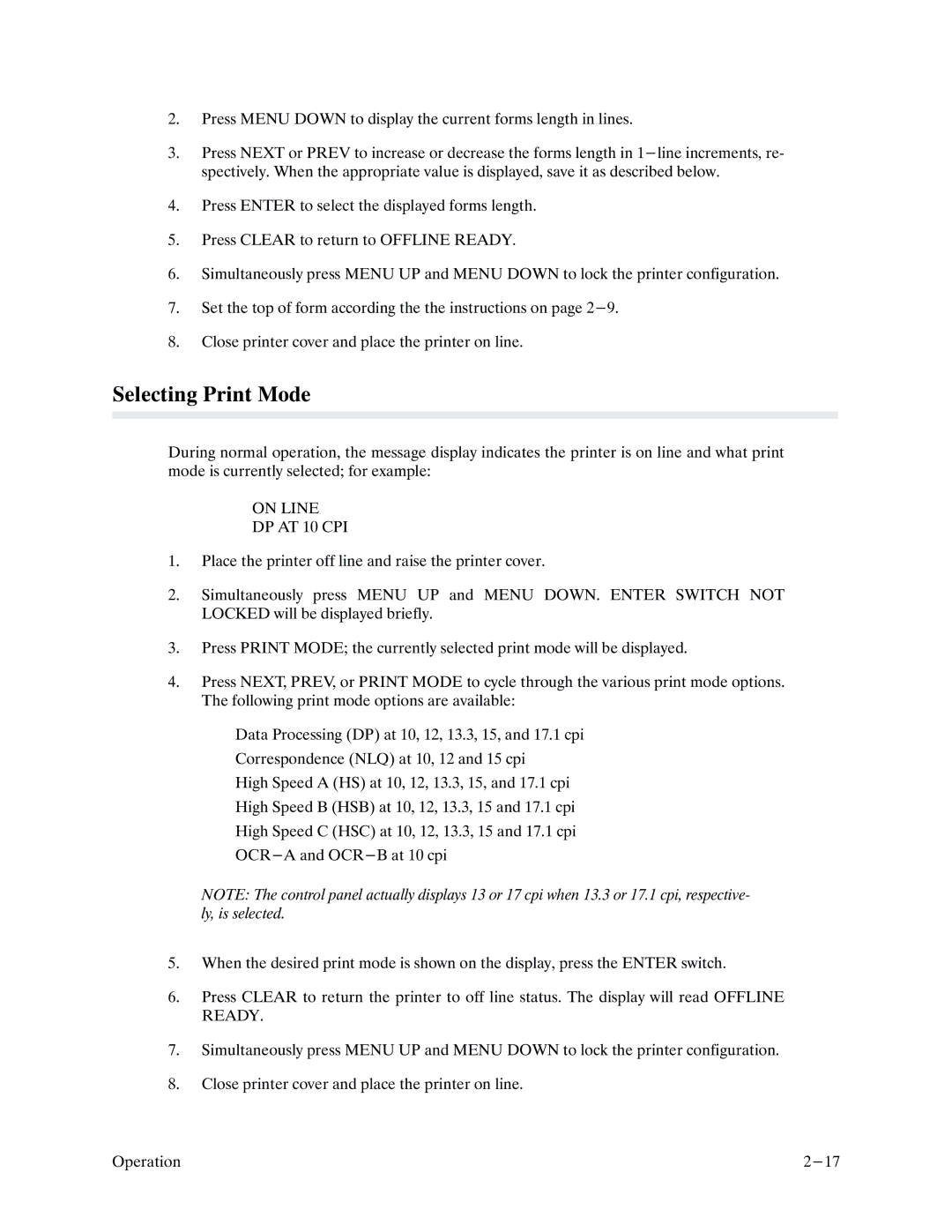 Printronix P9000 Series manual Selecting Print Mode, On Line DP AT 10 CPI 