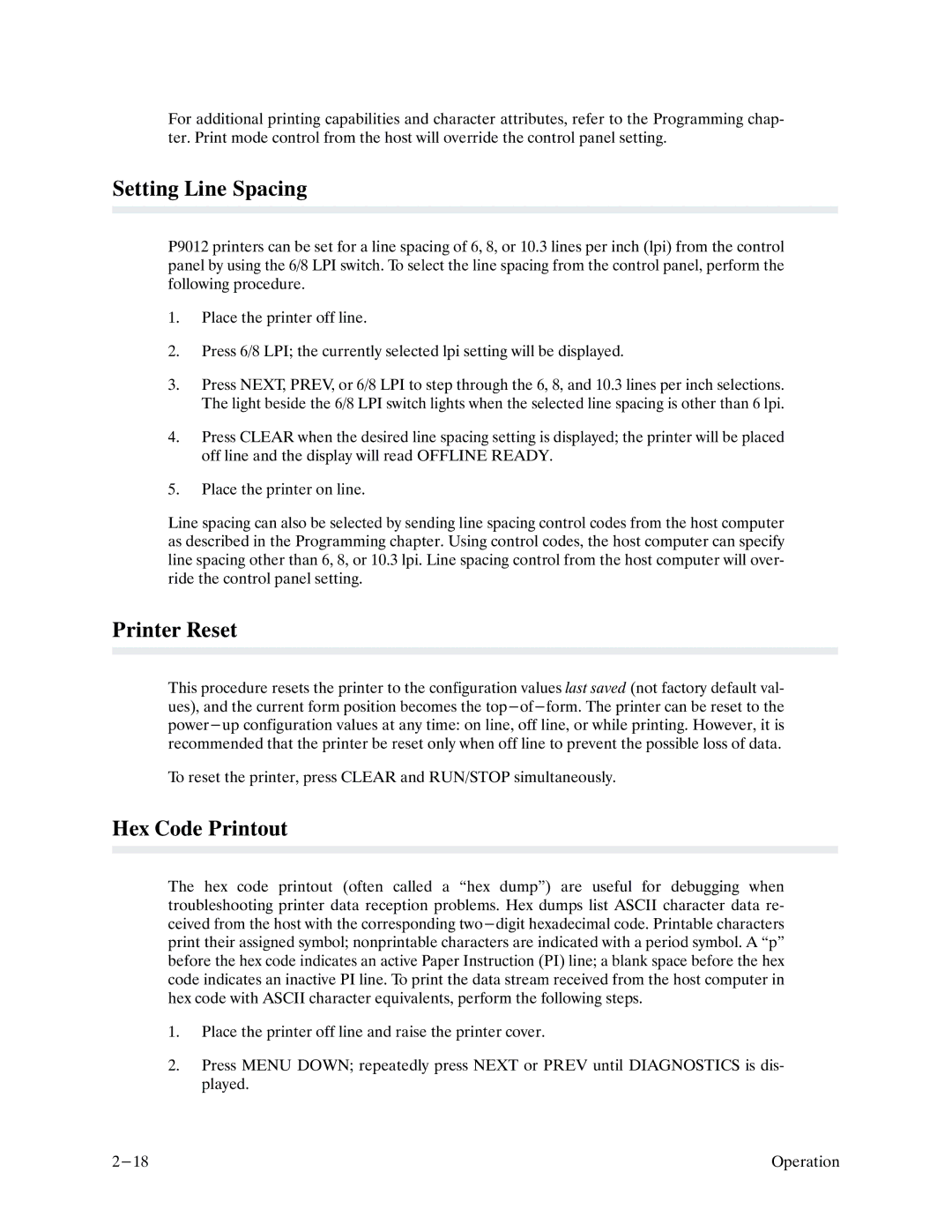 Printronix P9000 Series manual Setting Line Spacing, Printer Reset, Hex Code Printout 