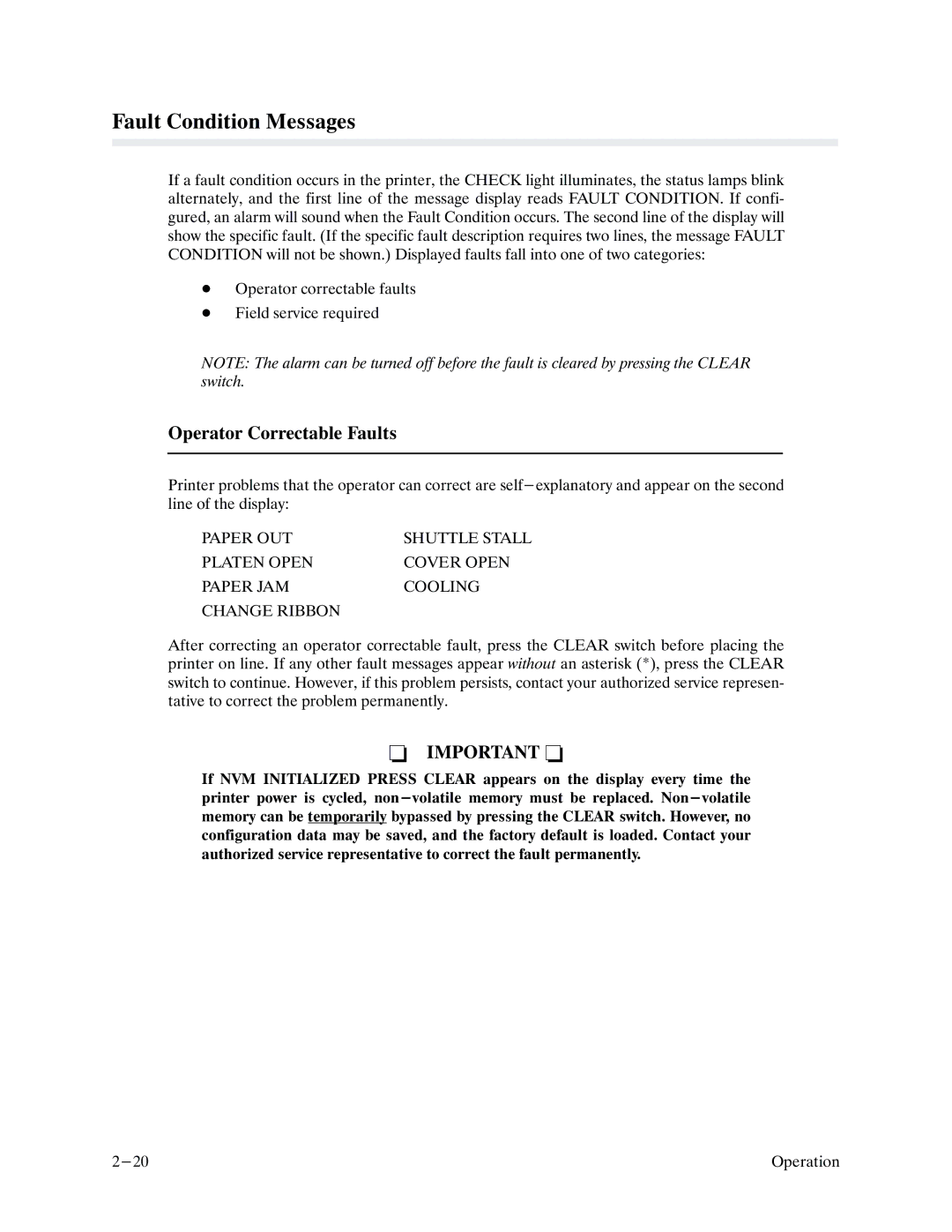 Printronix P9000 Series manual Fault Condition Messages, Operator Correctable Faults 