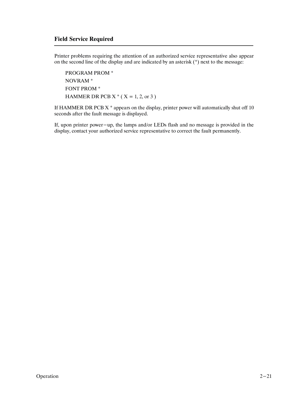 Printronix P9000 Series manual Field Service Required, Program Prom Novram Font Prom 