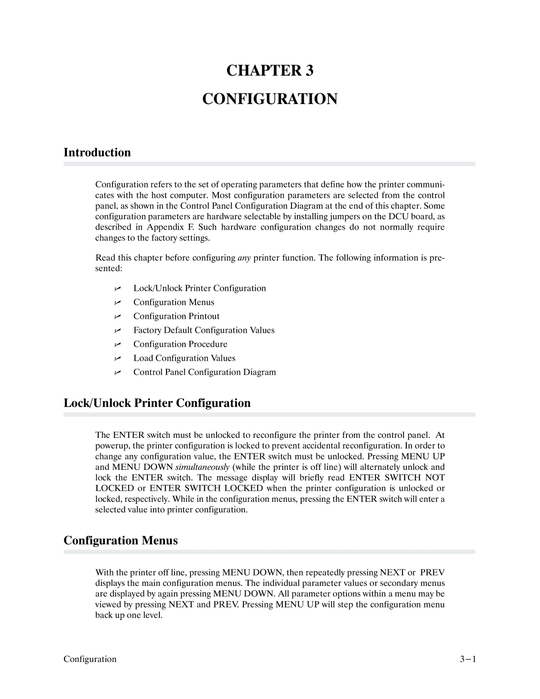 Printronix P9000 Series manual Chapter Configuration, Lock/Unlock Printer Configuration, Configuration Menus 