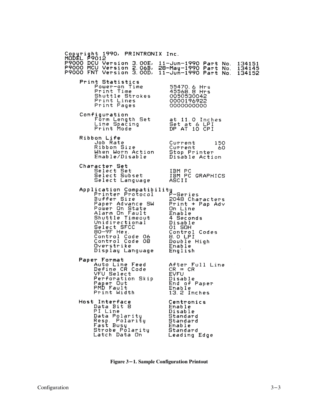 Printronix P9000 Series manual Sample Configuration Printout 